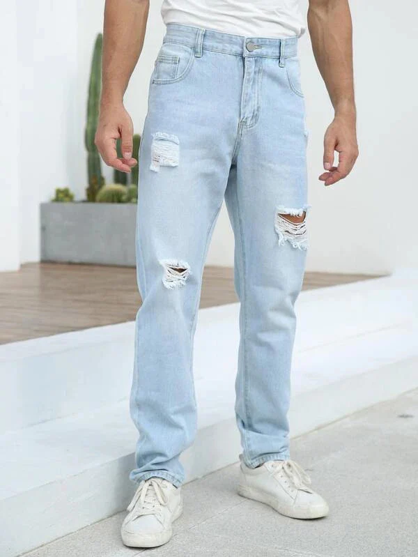 Sky Blue Torn Straight Leg Baggy Men Jeans - Image 3