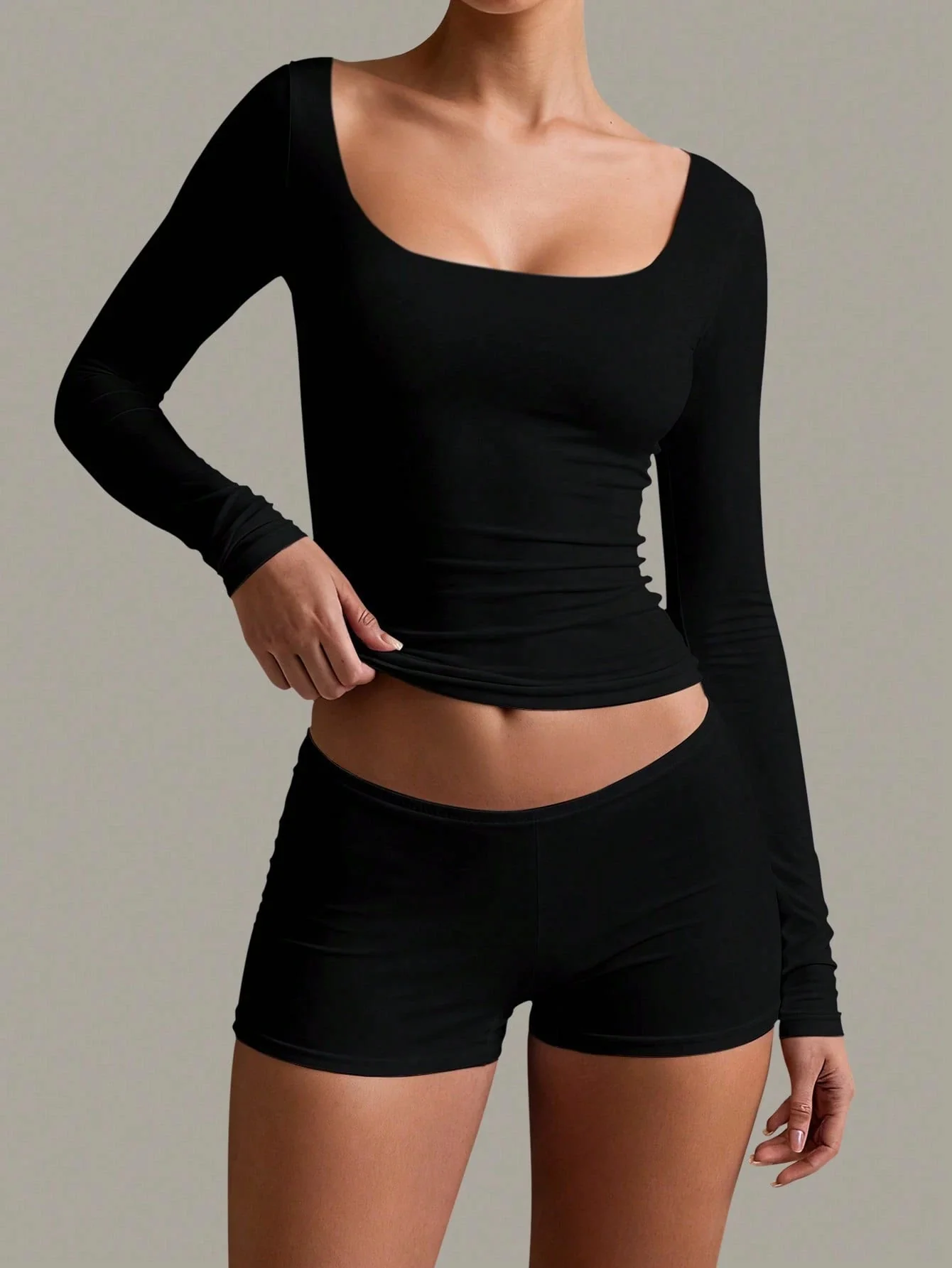 Soft Curve Neck Long Sleeve Top - Image 26