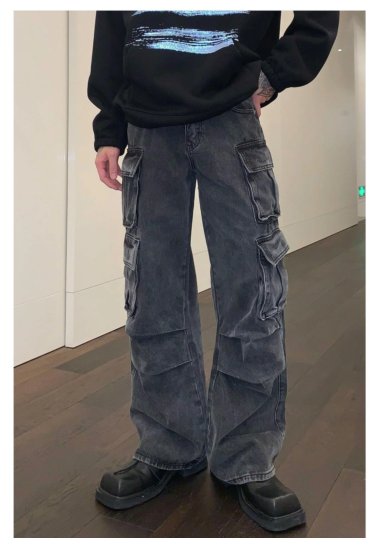 Stoned Grey Ruched Cargo Jeans - Image 4