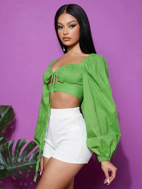 Tie Front Lantern Sleeve Crop Top - Image 3