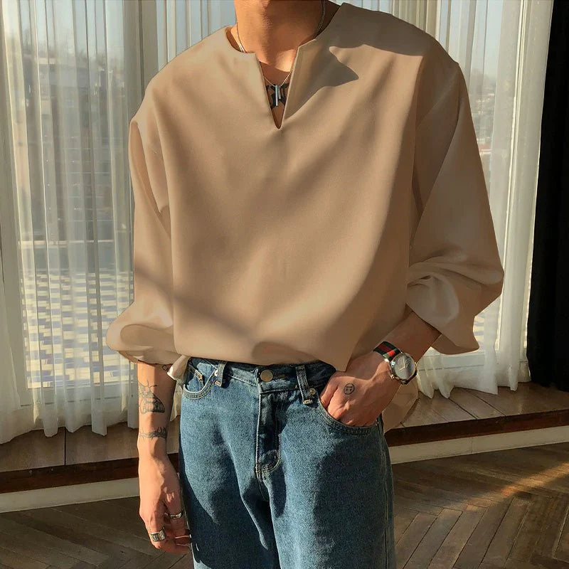 V Neck Cuff Details Long Sleeve Korean Shirt - Image 12