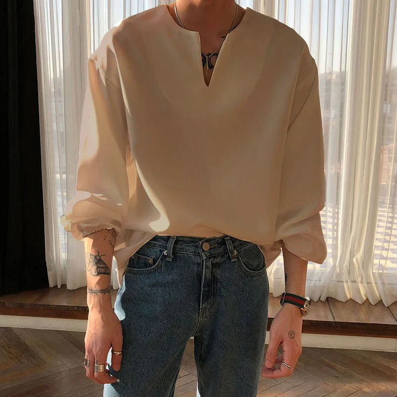 V Neck Cuff Details Long Sleeve Korean Shirt - Image 13