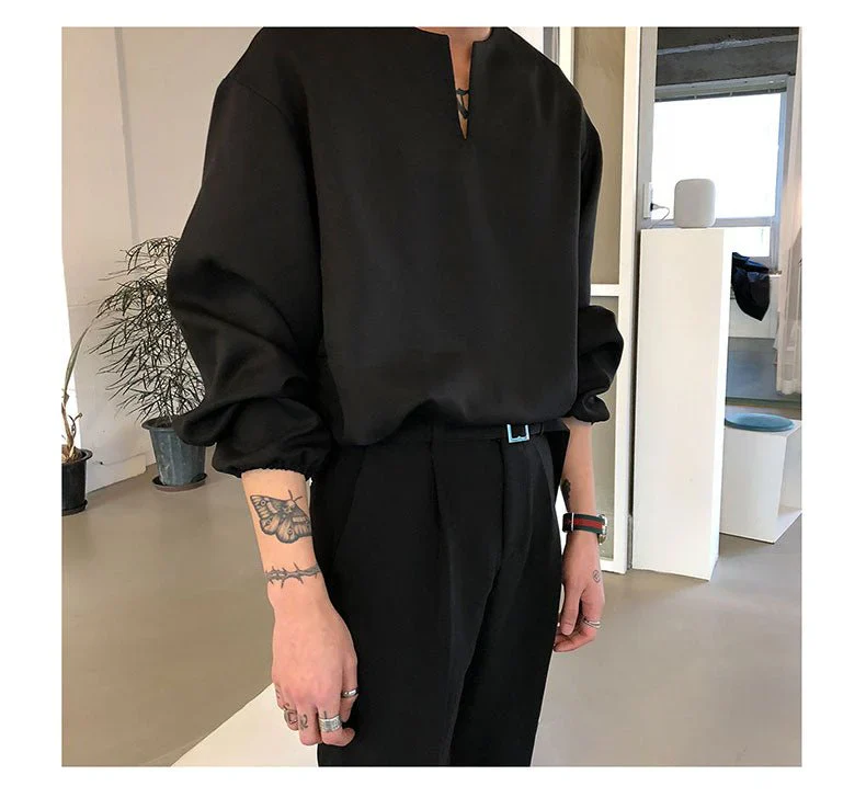 V Neck Cuff Details Long Sleeve Korean Shirt - Image 4
