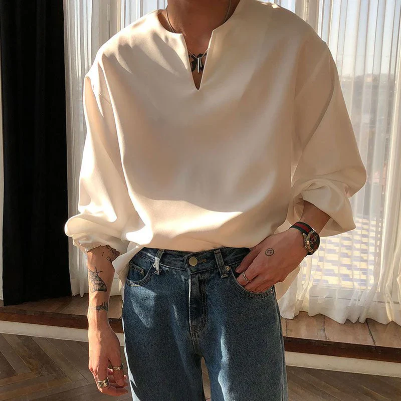 V Neck Cuff Details Long Sleeve Korean Shirt - Image 8