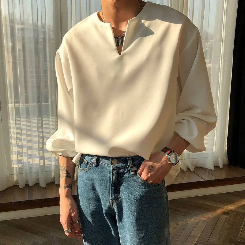 V Neck Cuff Details Long Sleeve Korean Shirt - Image 9