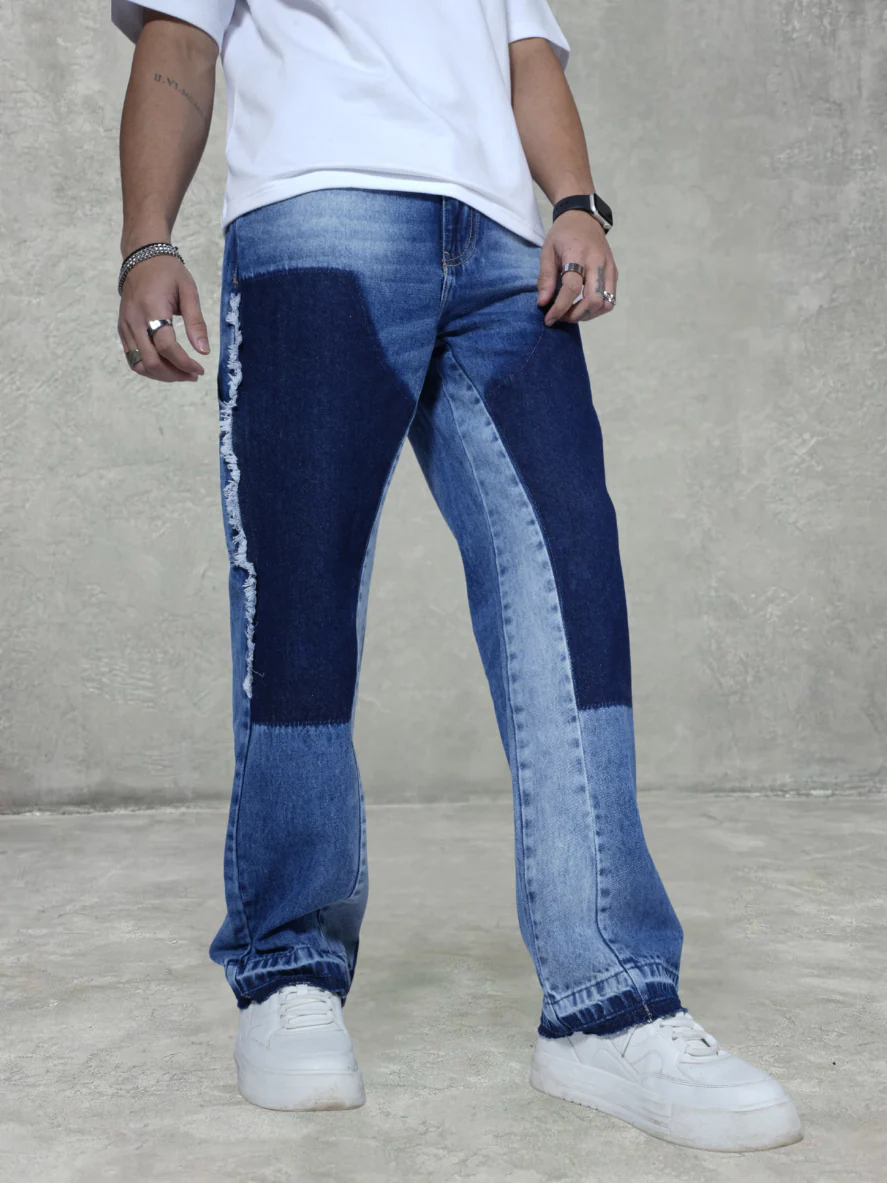 Watch Out Blue Stitched Loose Straight Fit Leg Denim - Image 3