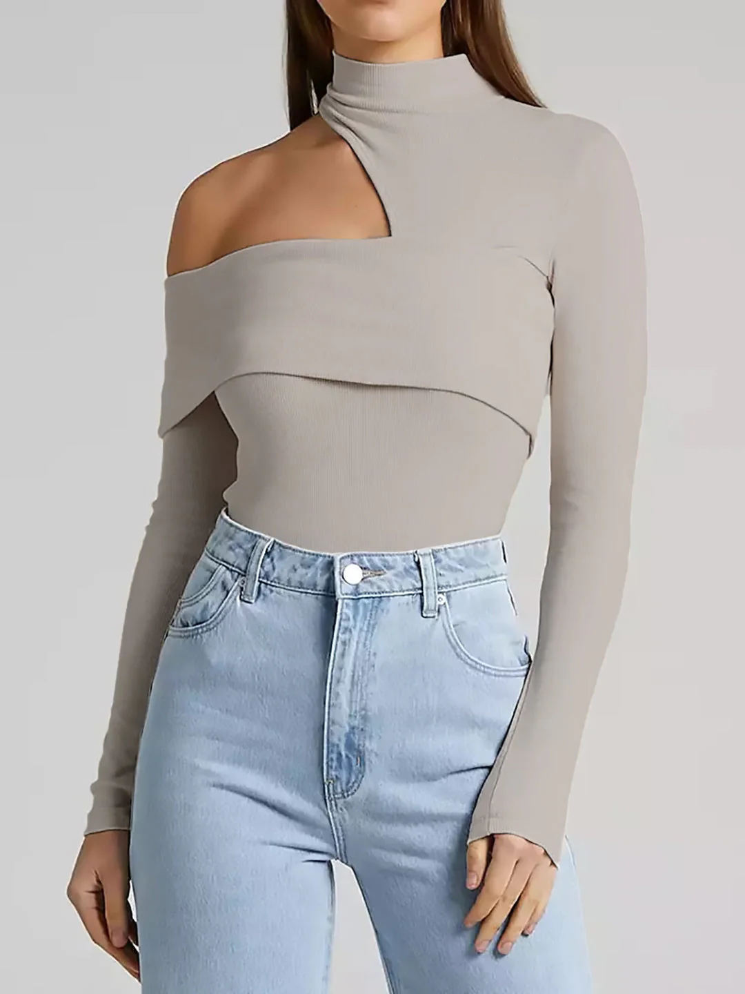 Wrapped Shoulder High Neck Rib Top - Image 9